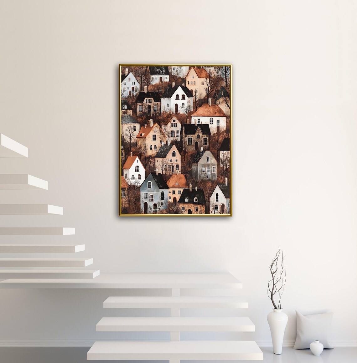 Folk Art Hillside Town Of Autumn Houses In Earthy Tones Art Print - Image 2