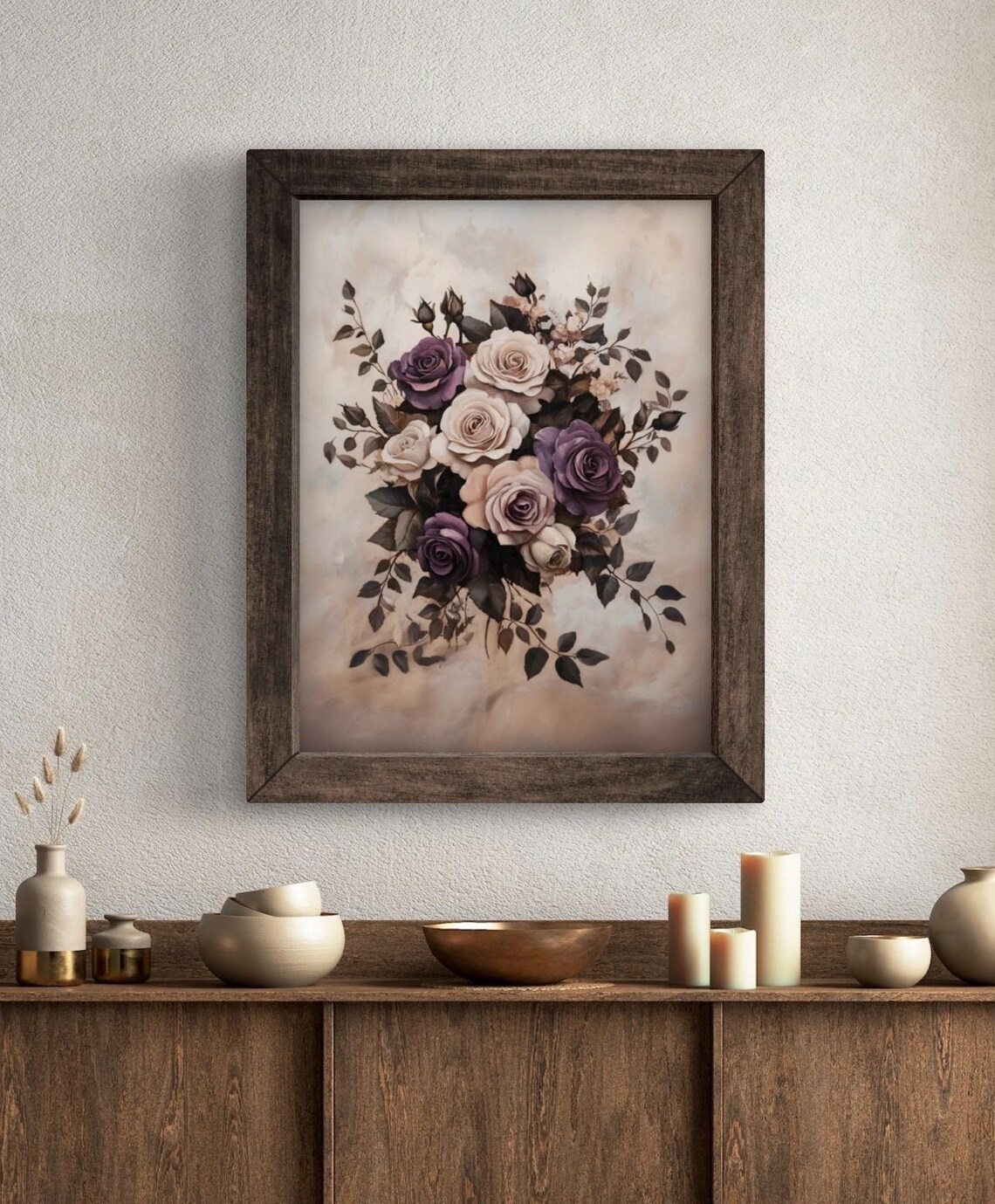 Purple White Rose Bouquet Moody Farmhouse Vintage Floral Art Poster - Image 3