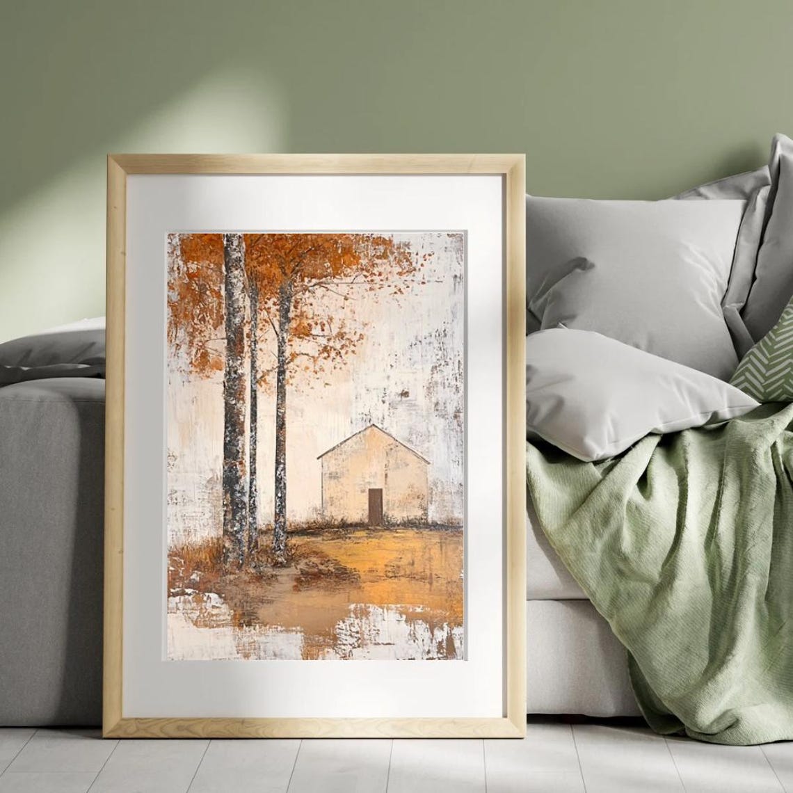 Textured Rustic Autumn Barn With Birch Trees Oil Painting Art Print - Image 3