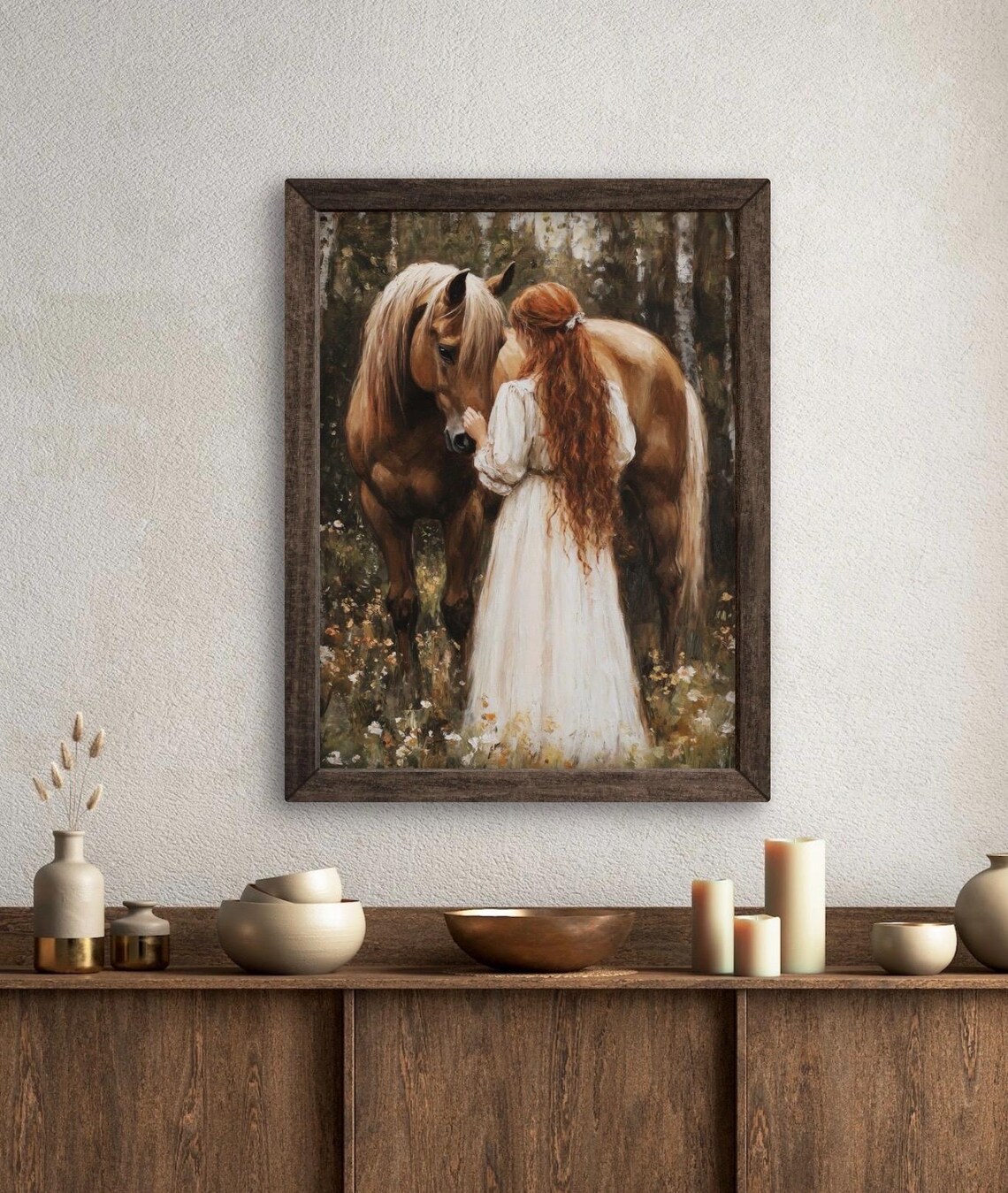 Red Haired Girl with Brown Horse in Flower Forest Vintage Wall Art Poster - Image 6