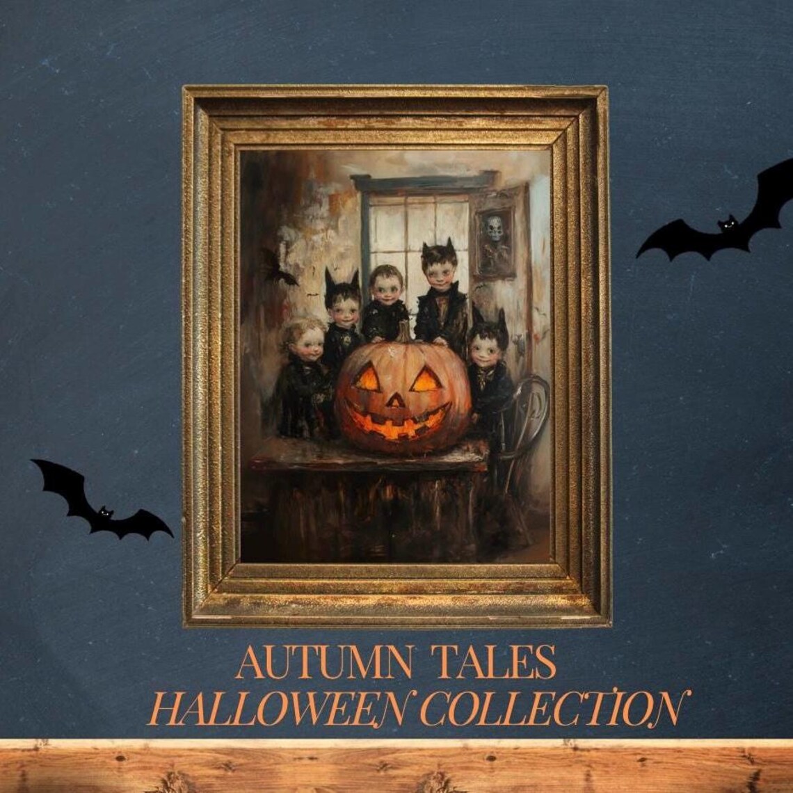 Vintage Kids In Bat Costumes With Giant Glowing Jack O Lantern Halloween Poster - Image 6