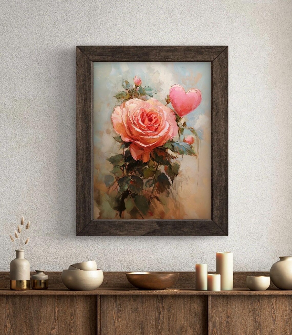 Pink Rose and Heart Valentines Day Oil Painting Floral Poster - Image 5