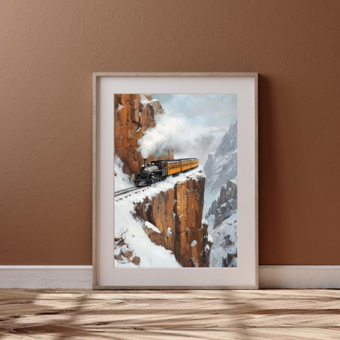 Steam Train on Snowy Cliffside Railway Through Winter Canyon Wall Art Poster - Image 6