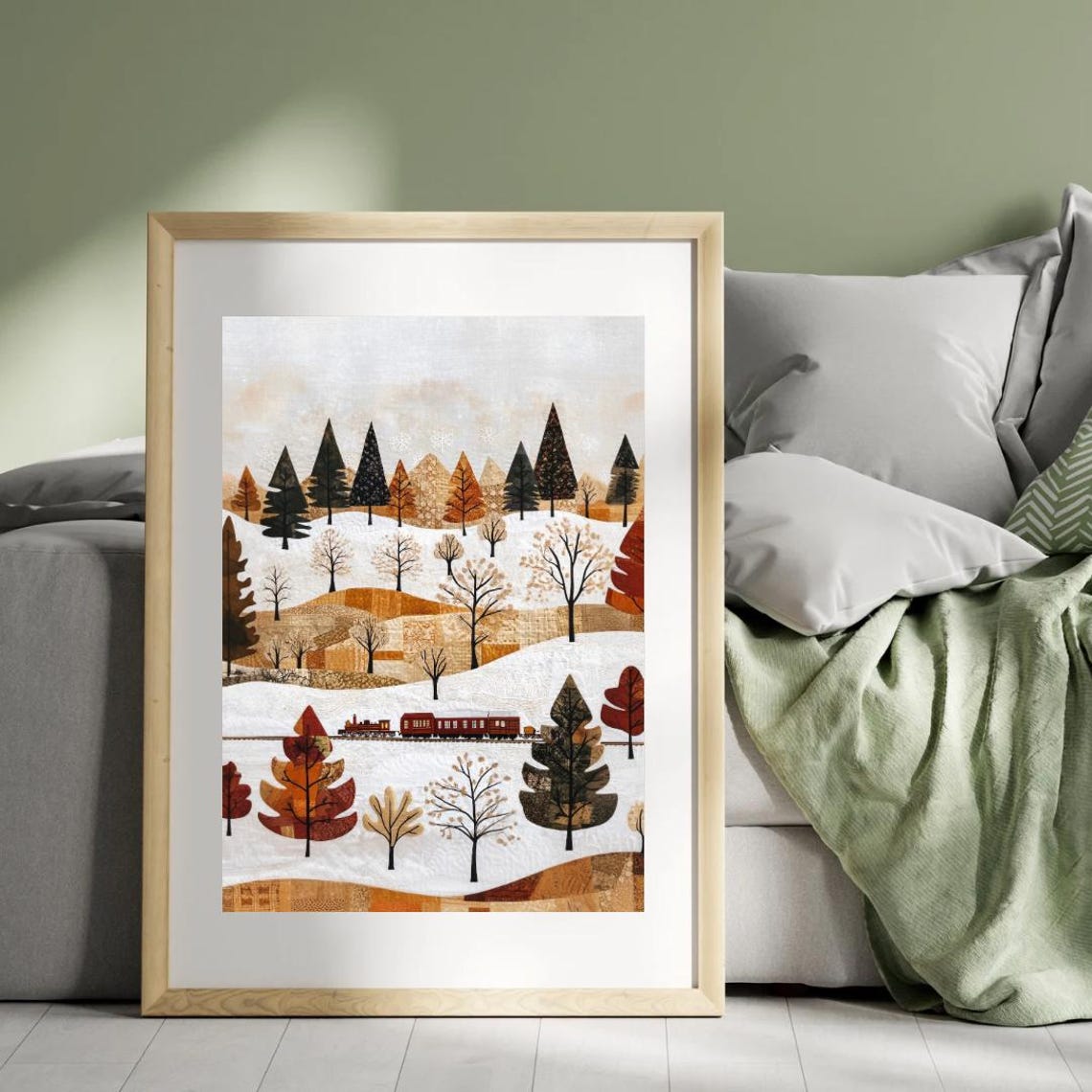 Folk Patchwork Train Snowy Hills Autumn Trees Christmas Poster - Image 2