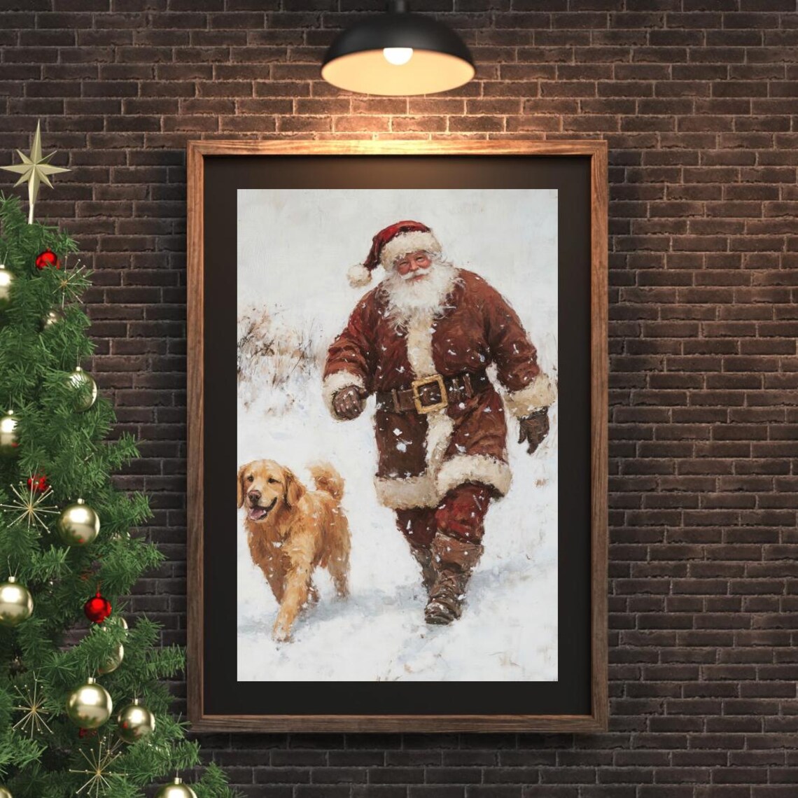 Santa Golden Retriever Christmas Art Print, Vintage - Image 4