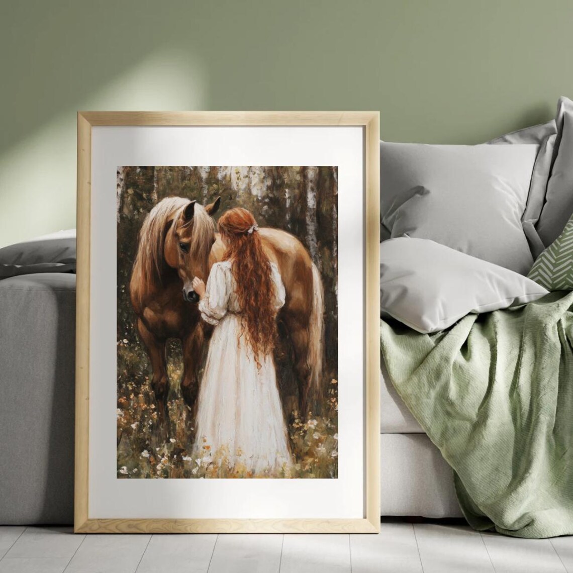 Red Haired Girl with Brown Horse in Flower Forest Vintage Wall Art Poster - Image 4