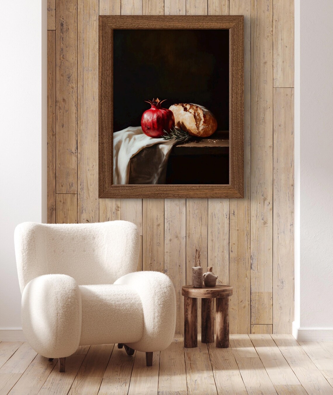 Moody Pomegranate And Sourfough Bread Loaf Wall Art Print Still Life Rustic Farmhouse Kitchen Dining Room Decor - Image 2