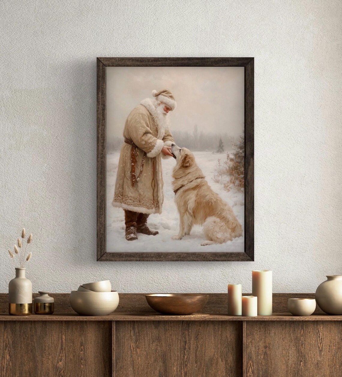 Vintage Santa in Beige Golden Retriever Art Print - Image 4