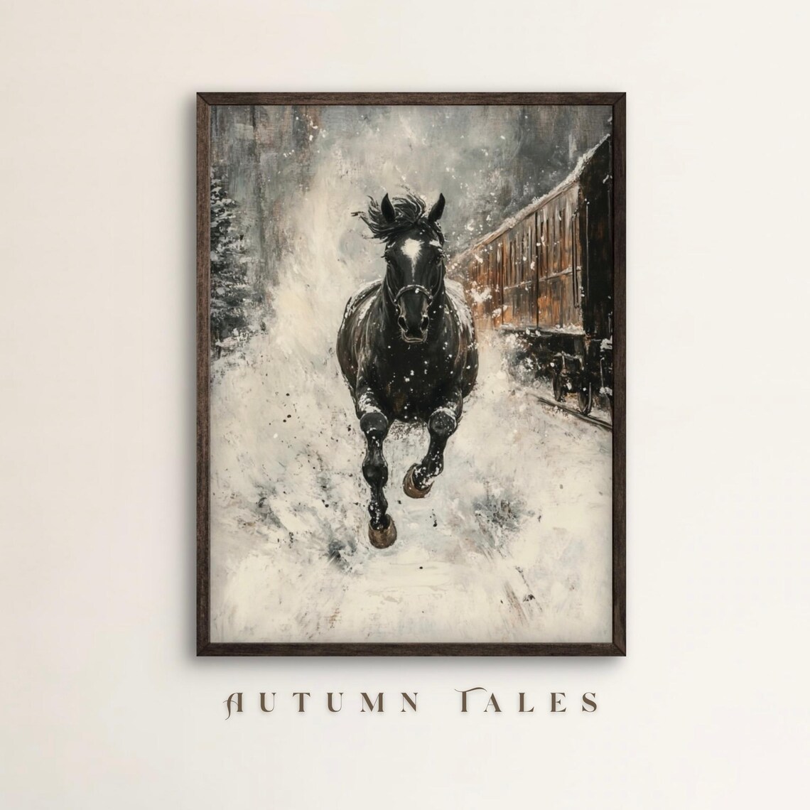 Black Horse Galloping Through Falling Snow Vintage Moody Wall Art Poster