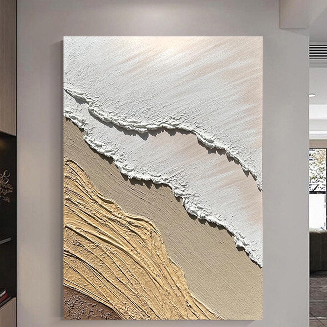 Beige White Textured Rock Waves Neutral Abstract Framed Wall Art