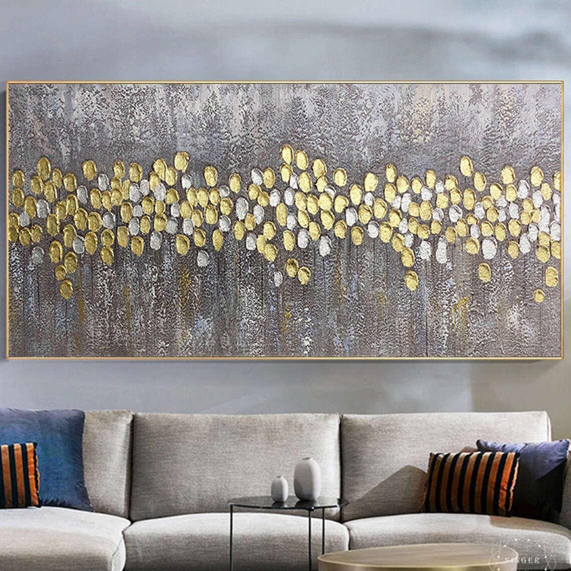 Gold and Silver Abstract Art Print, Living Room Decor