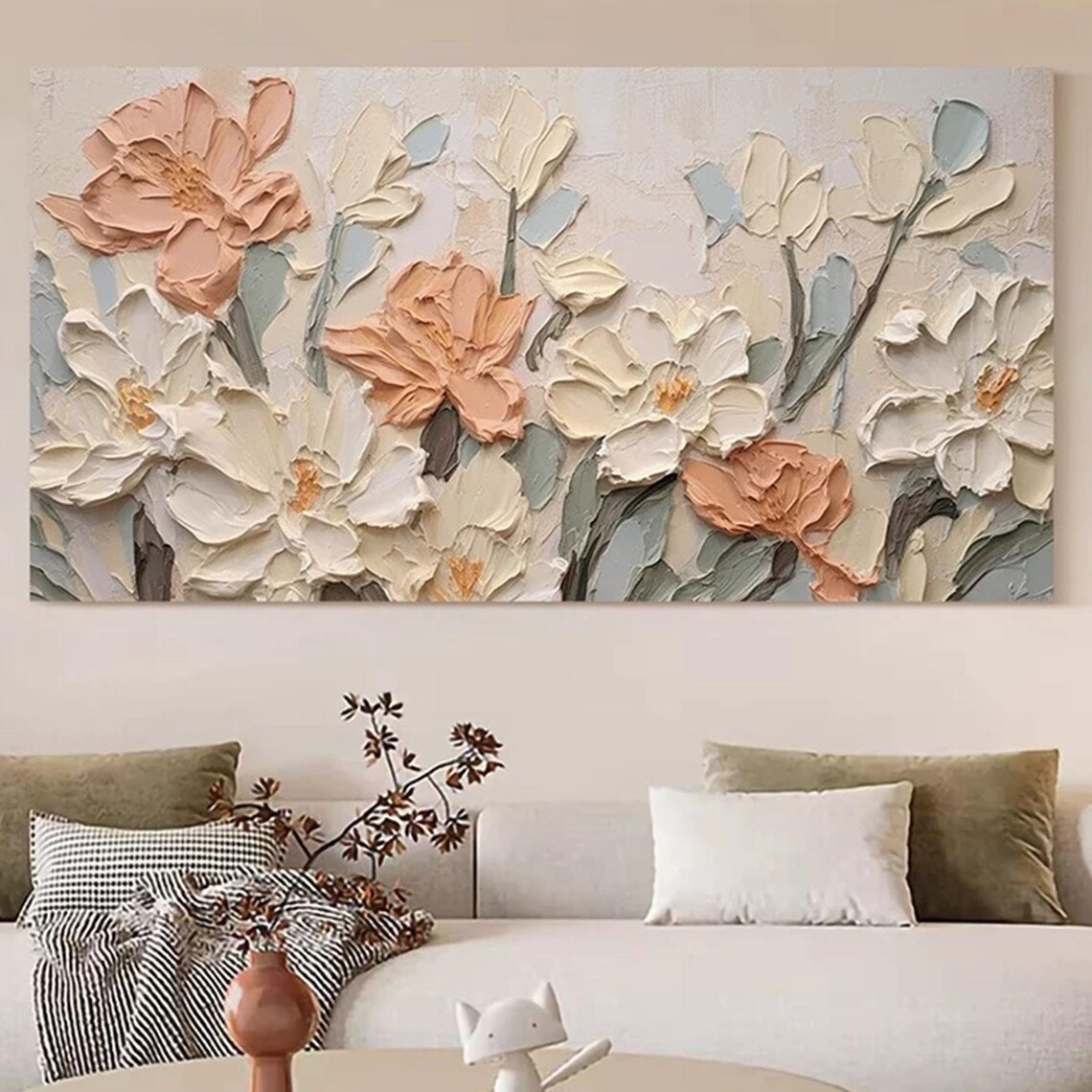 Neutral Cream Peach Large Bloom 3D Textured Floral Painting Poster - Image 4