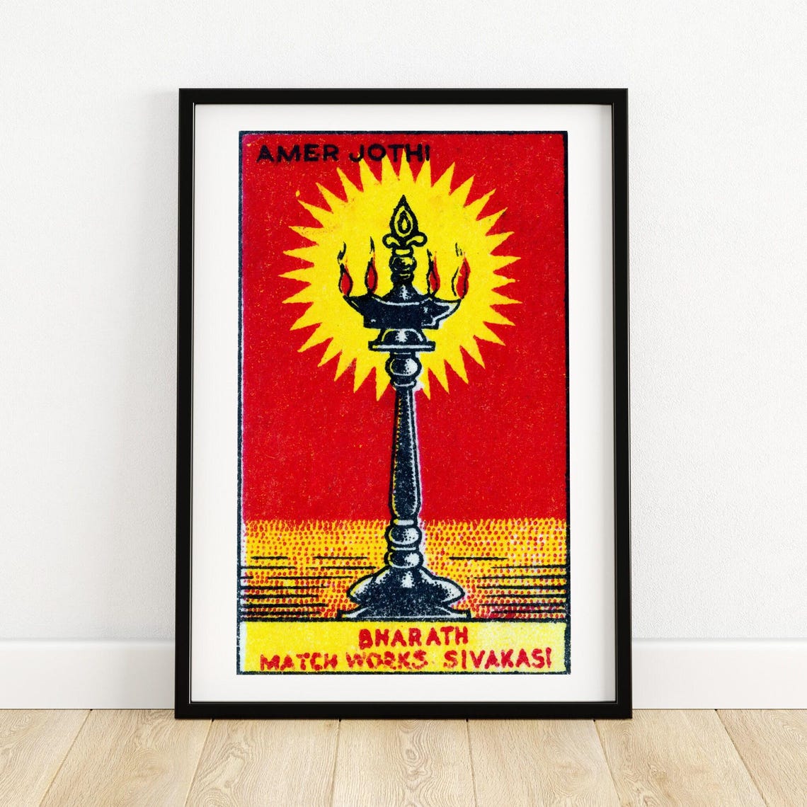 Amer Jothi Oil Lamp Sunburst Indian Matchbox Vintage Art Poster