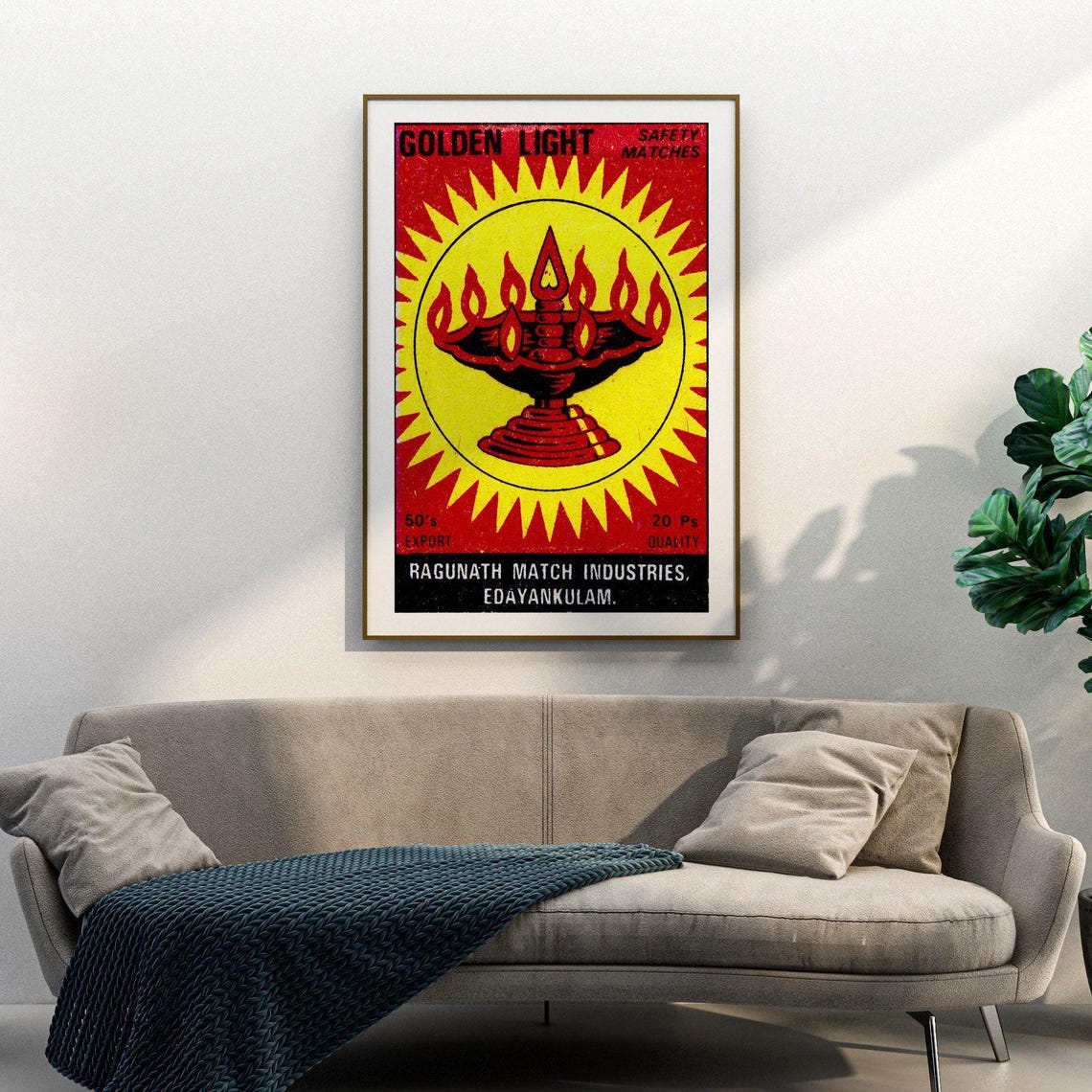 Golden Light Diya Lamp Vintage Indian Matches Label Art Poster - Image 3
