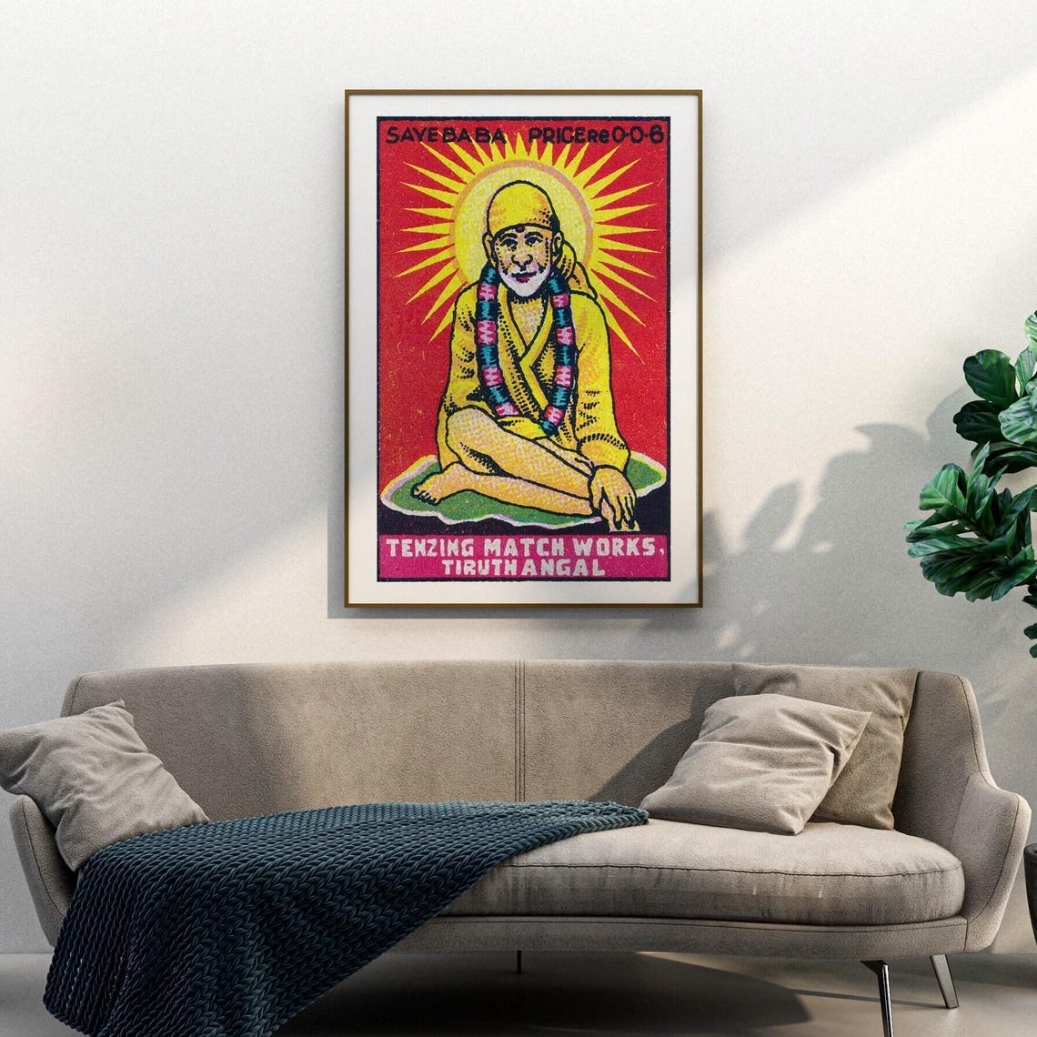 Saye Baba Seated Yogi Halo Vintage Indian Matchbox Label Art Poster - Image 3
