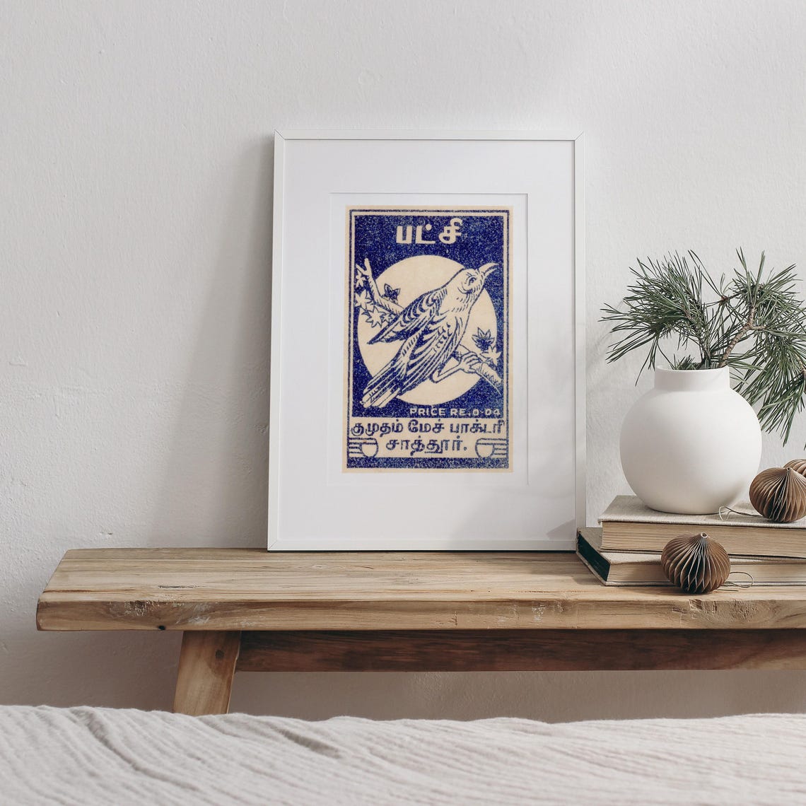 Tamil Blue Moon Bird Branch Matchbox Label Vintage Art Poster - Image 3