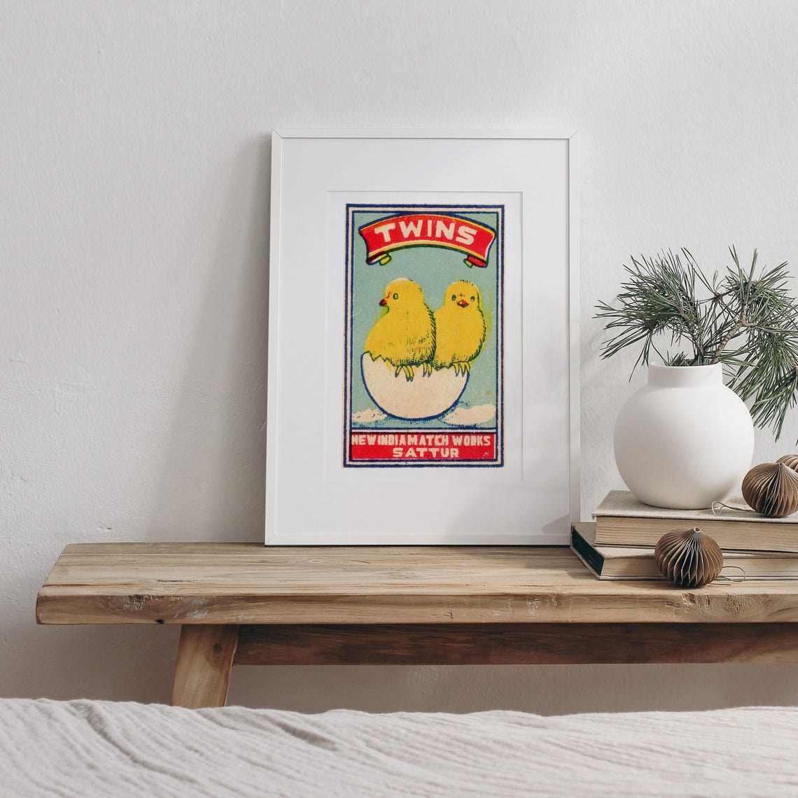 Twins Two Chicks Hatching Egg Indian Matchbox Label Vintage Art Poster - Image 3