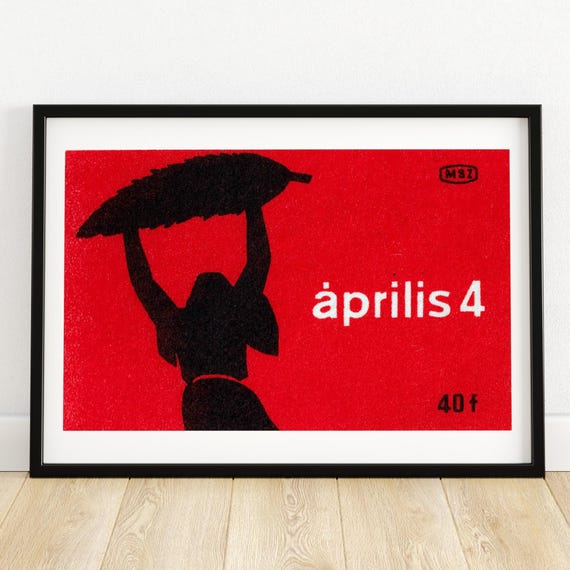 Április 4 Hungarian Woman Sheaf Red Silhouette Vintage Label Poster