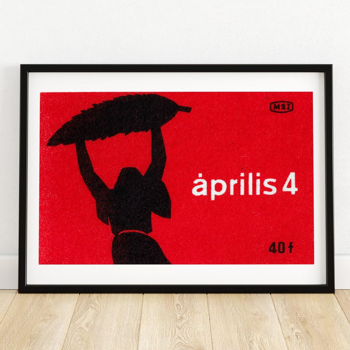 Április 4 Hungarian Woman Sheaf Red Silhouette Vintage Label Poster