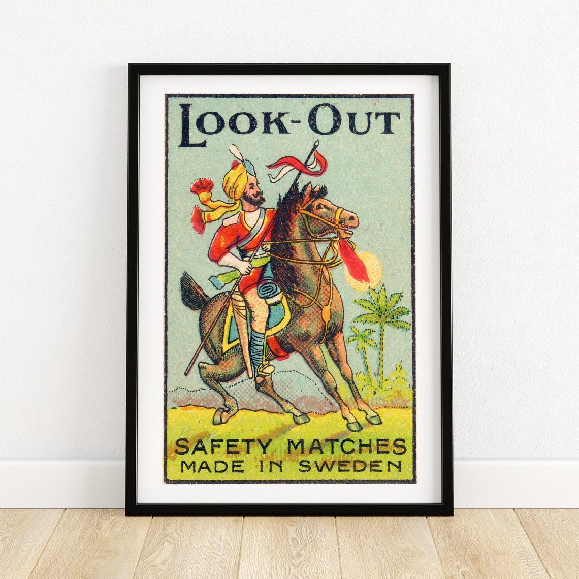 Look Out Turbaned Horseman Spear Swedish Match Label Vintage Poster