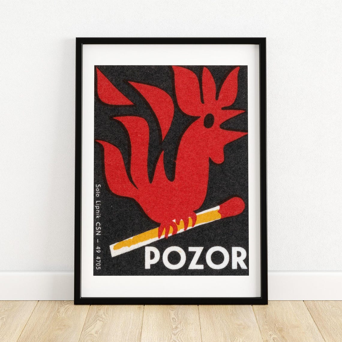 Red Rooster on Match Vintage Czech Pozor Caution Matchbox Art Poster