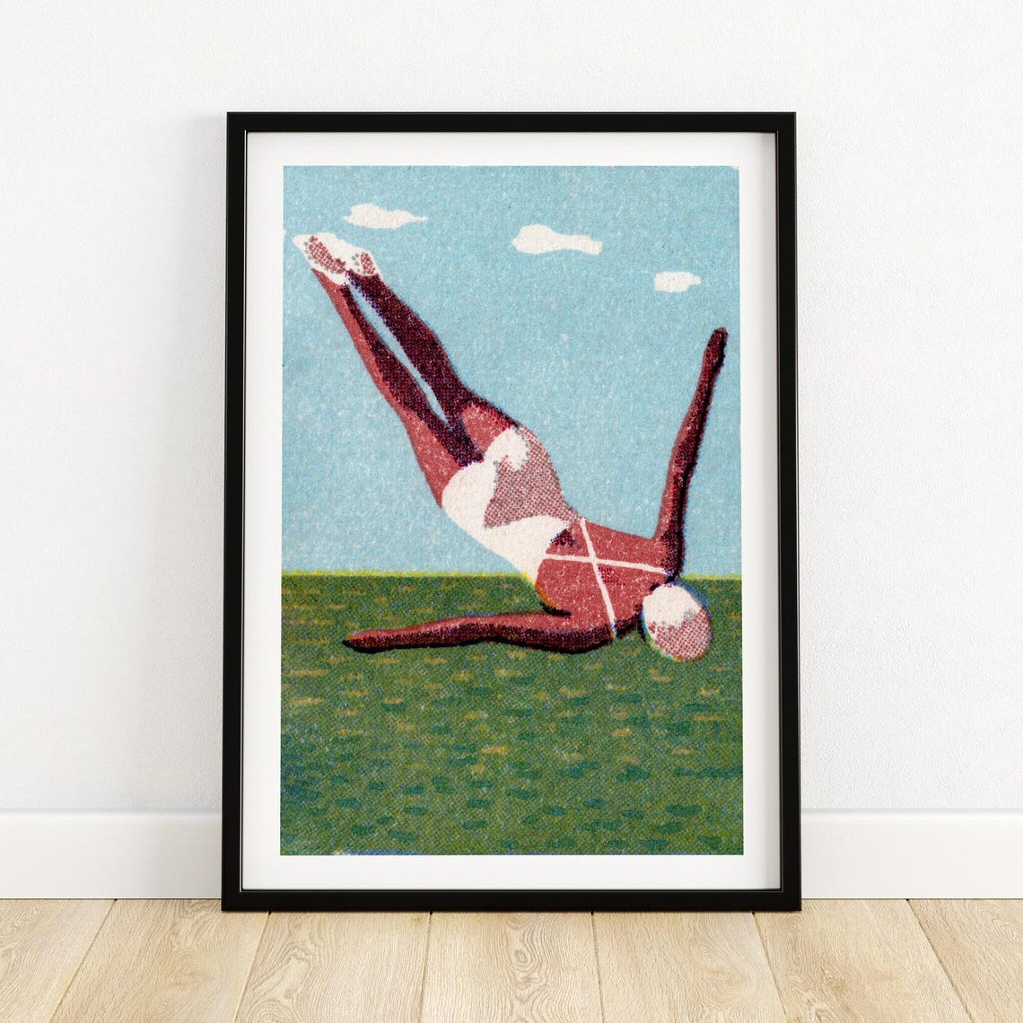 Retro Diver Plunging Into Green Water Blue Sky Matchbox Style Poster