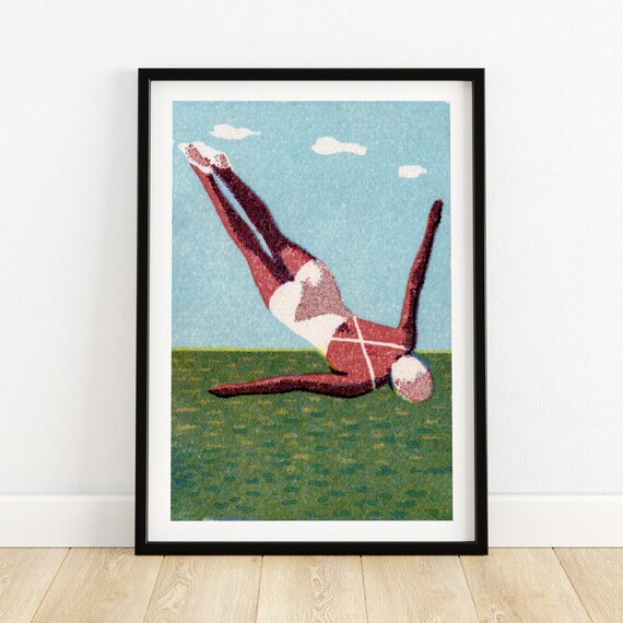 Retro Diver Plunging Into Green Water Blue Sky Matchbox Style Poster
