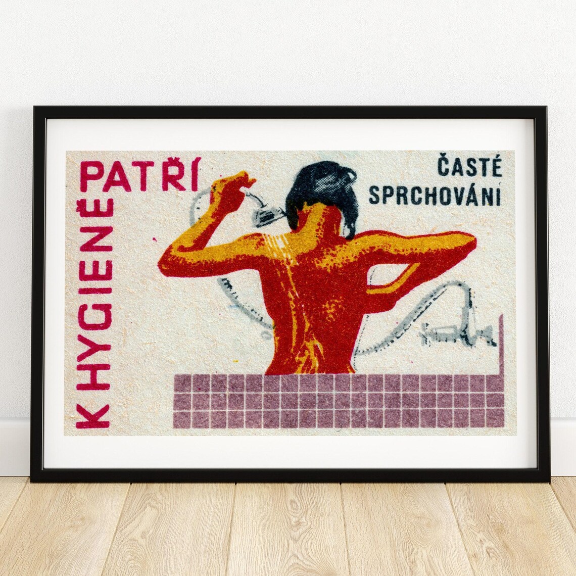 Woman Showering Vintage Czech Matchbox Poster Print