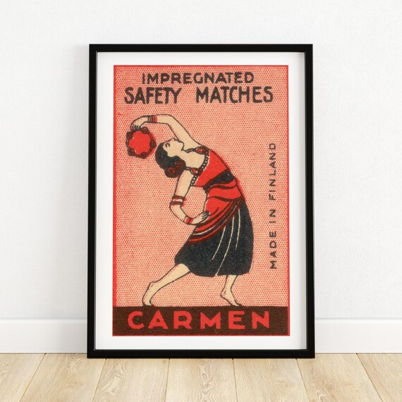 Carmen Flamenco Dancer Finland Safety Matches Vintage Matchbox Art Poster