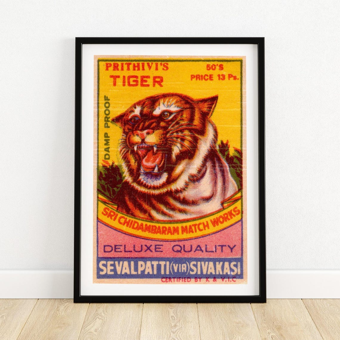 Prithivis Roaring Tiger Fangs Bared Vintage India Match Label Poster
