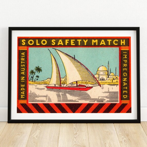 Solo Safety Match Felucca Sailboat Nile Vintage Austrian Label Art Poster