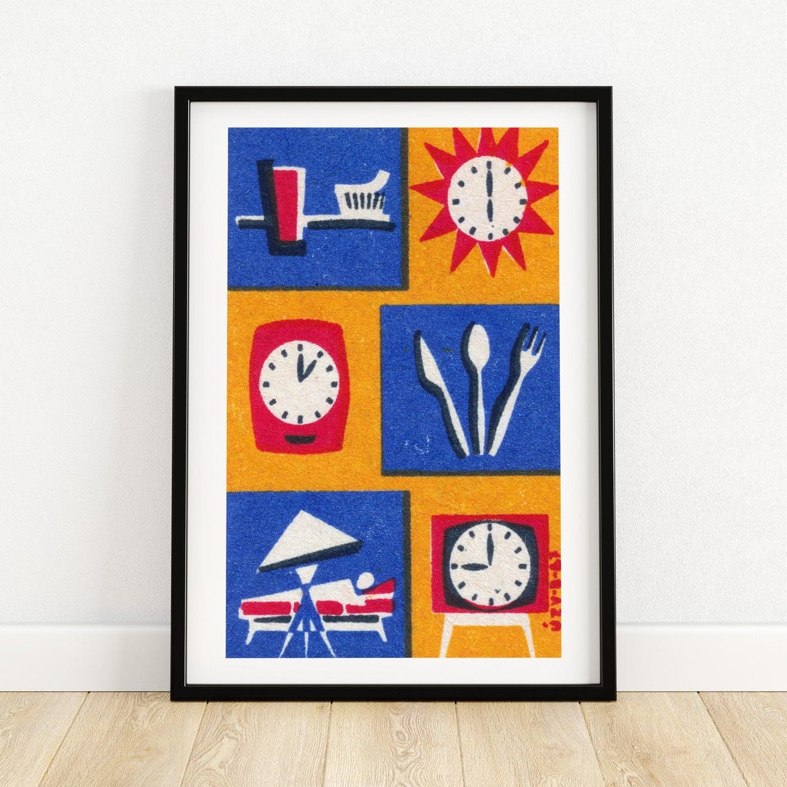 Daily Routine Clocks Vintage Mid Century Matchbox Label Art Poster