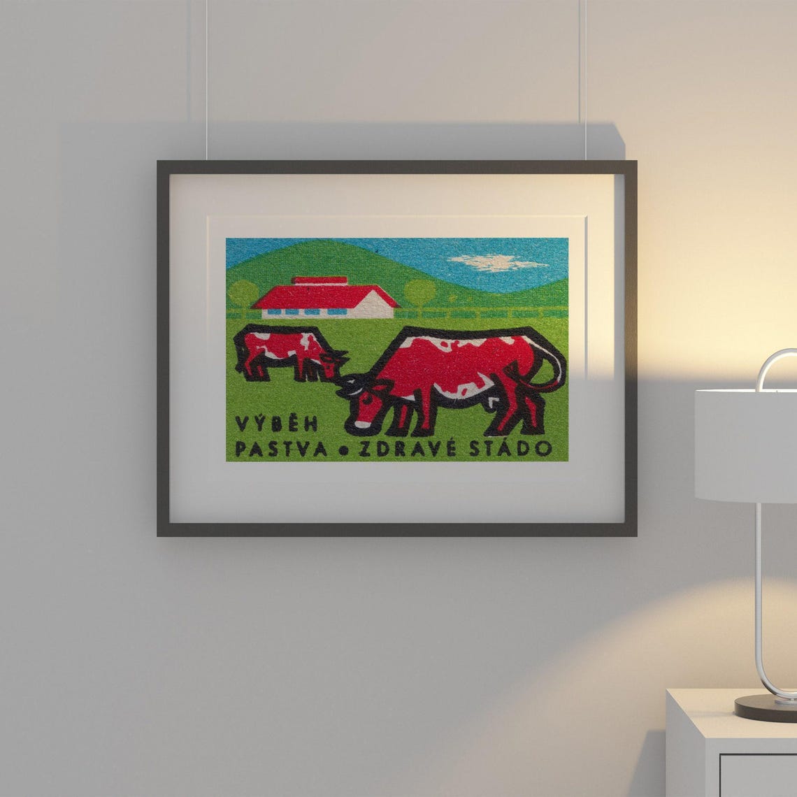 Grazing Cows Healthy Herd Red Barn Vintage Czech Matchbox Poster - Image 2