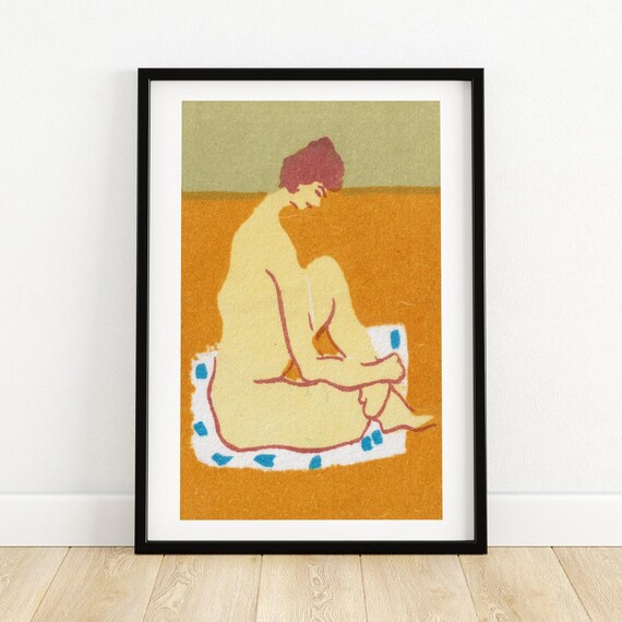 Nude Seated Woman Warm Yellow Minimalist Vintage Matchbox Label Art Poster