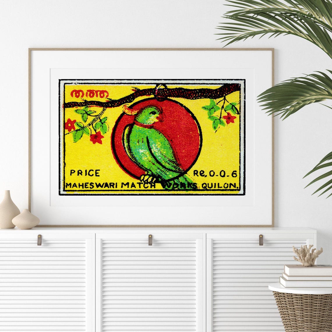 Green Parrot Indian Matchbox Label Vintage Quilon Art Poster - Image 2