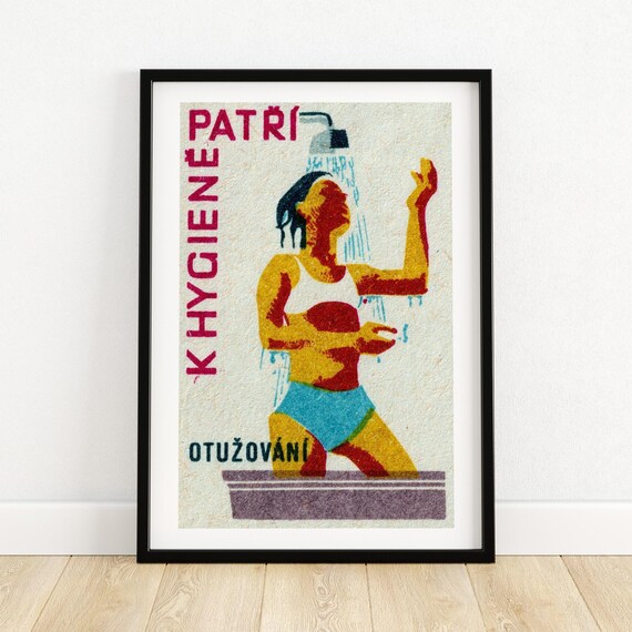 Czech Shower Hygiene Woman Retro Matchbox Illustration Poster