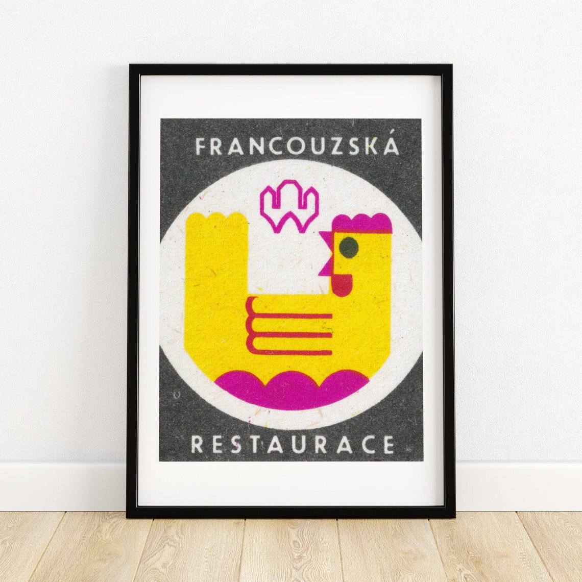 Francouzska Restaurace Yellow Chicken Vintage Czech Matchbox Poster