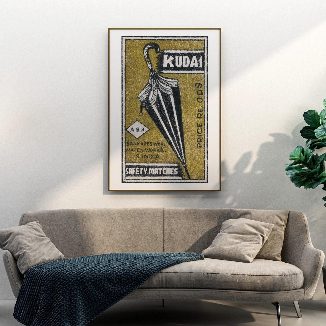 Kudai Umbrella Indian Safety Matches Vintage Label Art Poster - Image 3
