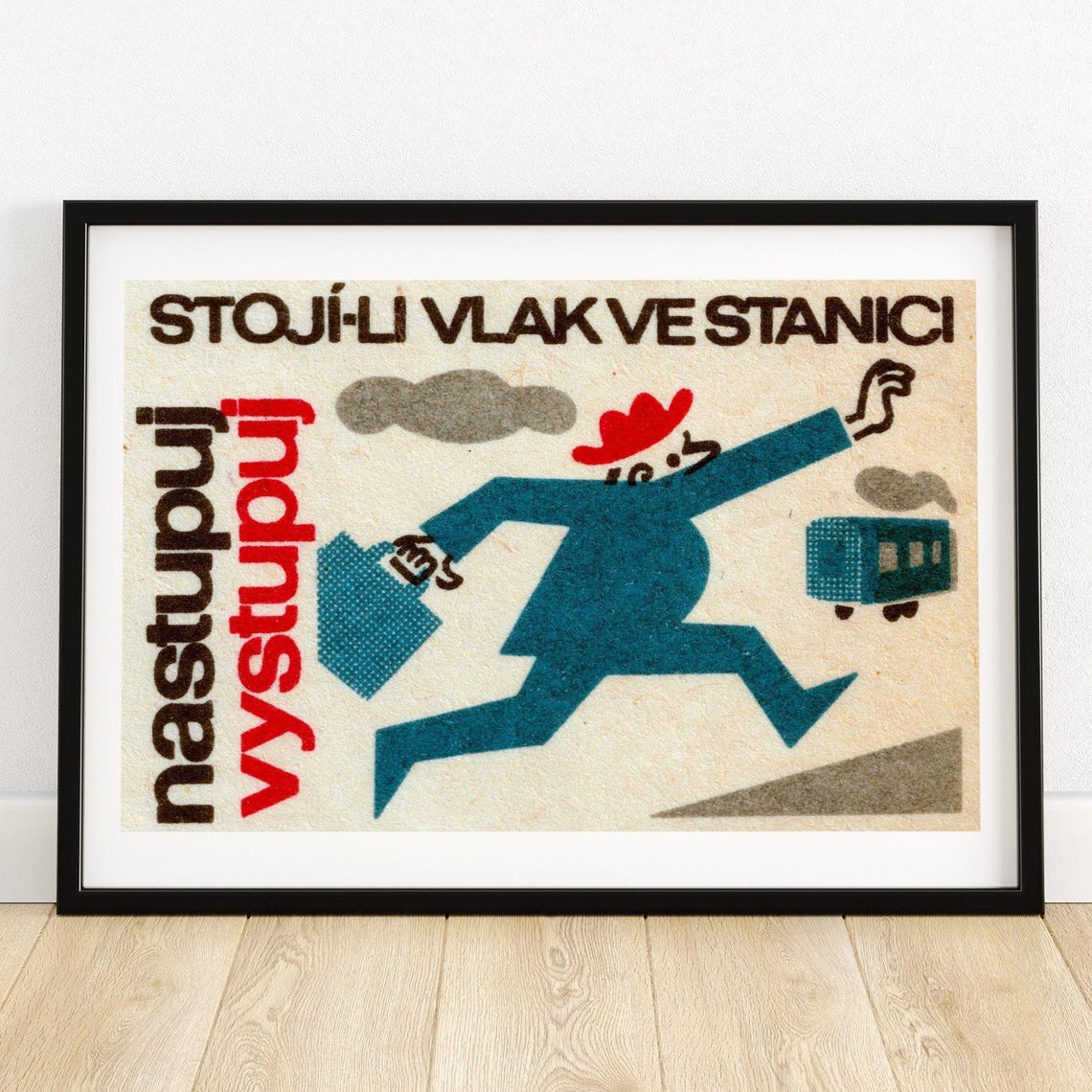 Czech Running Man Chasing Train Station Vintage Matchbox Art Poster