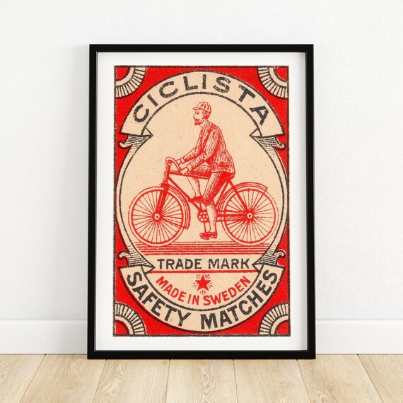 Ciclista Safety Matches Art Print Swedish Matchbox Label Design Vintage Bicycle Wall Decor Unique Collectible Gift Idea A4