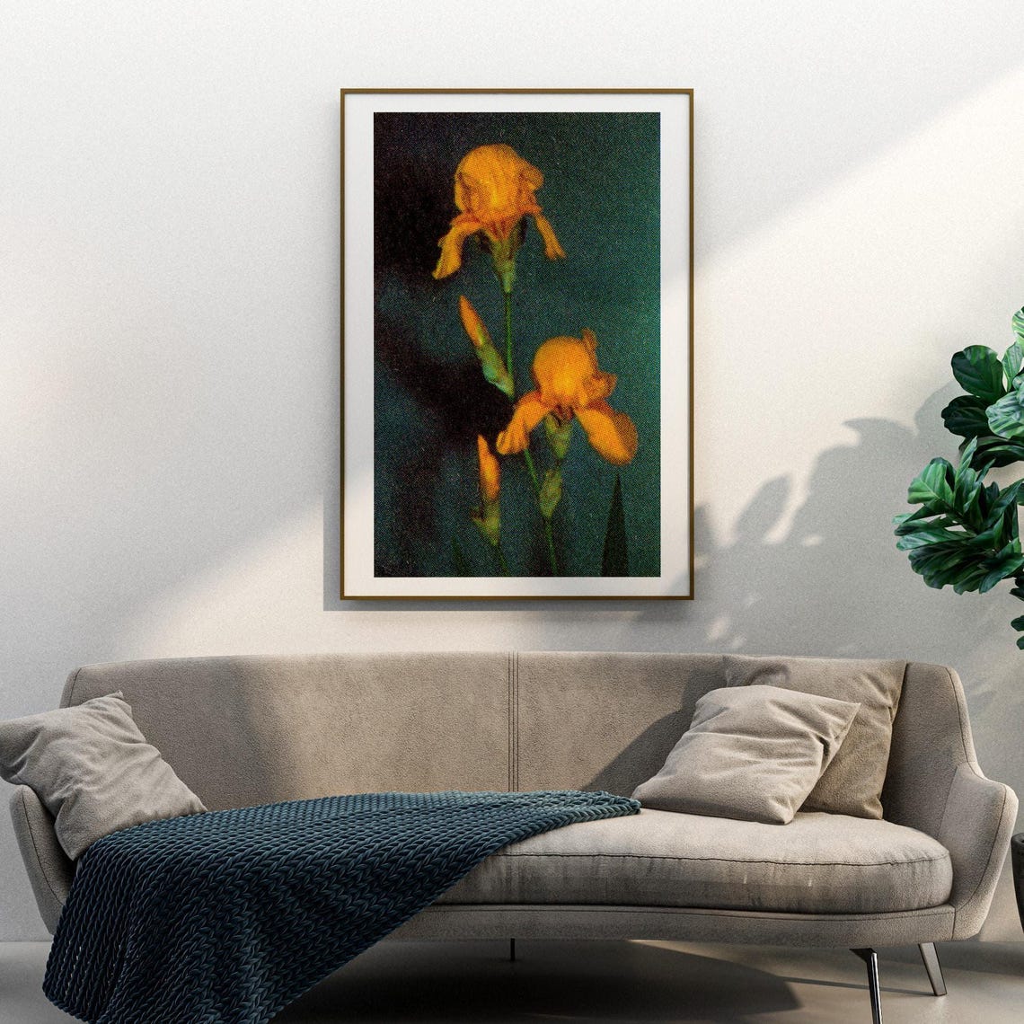 Golden Yellow Iris Flower Dark Teal Botanical Photo Vintage Poster - Image 3