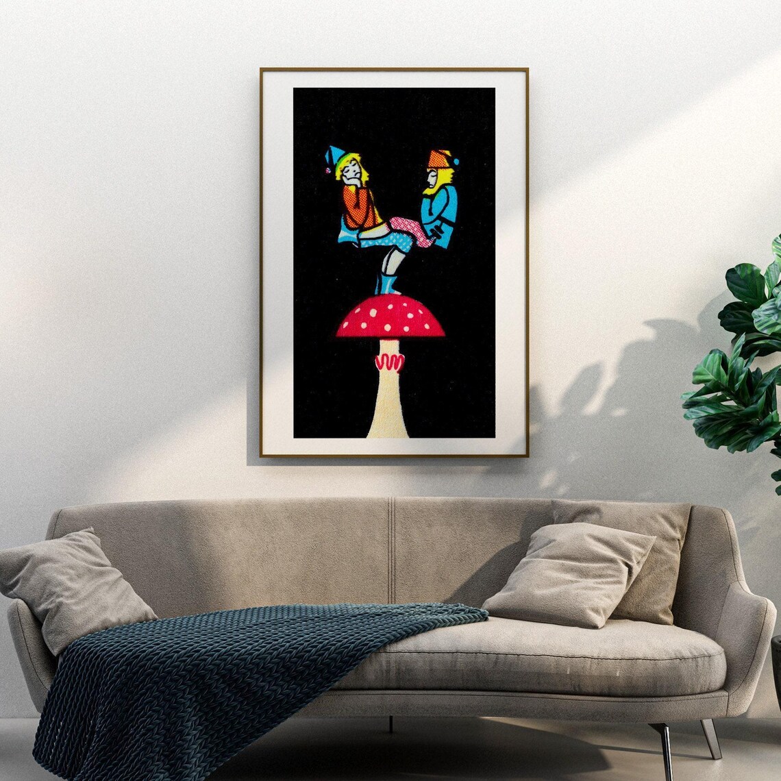 Balancing Gnomes on Red Mushroom Fairy Tale Night Art Poster - Image 3