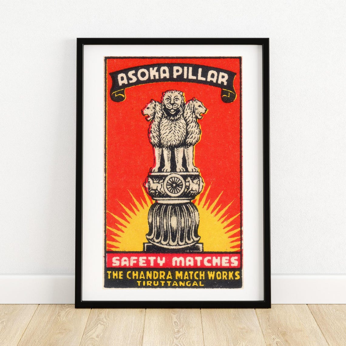 Asoka Pillar Lion Capital Indian Safety Matches Vintage Poster