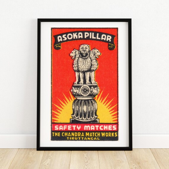 Asoka Pillar Safety Matchbox Art Vintage Indian Matchbox Label Mid Century Collectible Print Retro Home Decor Wall Art A4