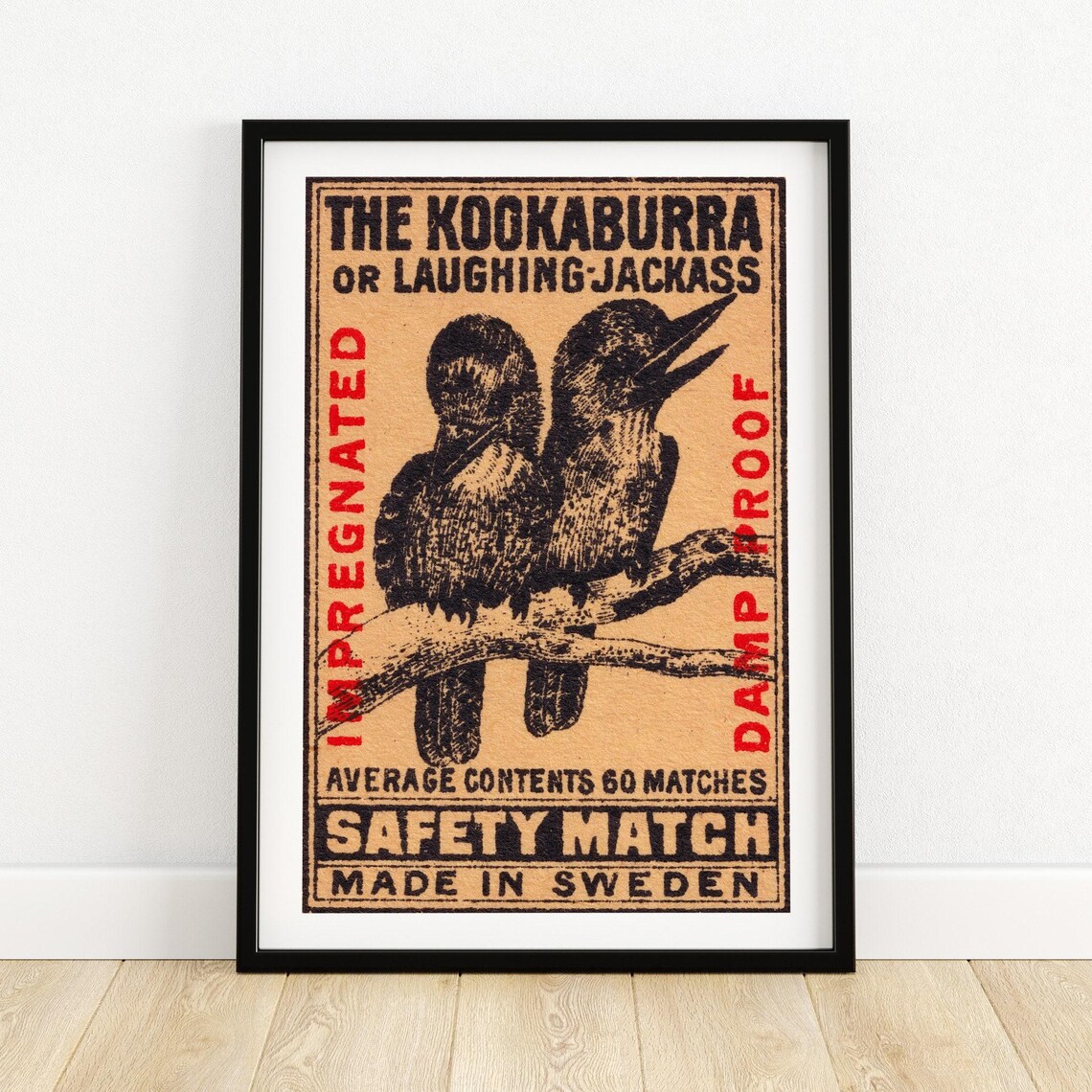 Kookaburra Matchbox Print, Vintage Sweden Poster