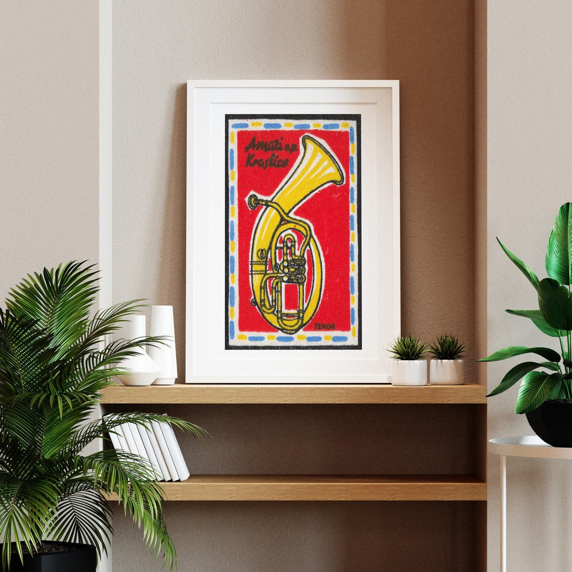 Amati Kraslice Tenor Horn Yellow On Red Matchbox Label Art Poster - Image 2