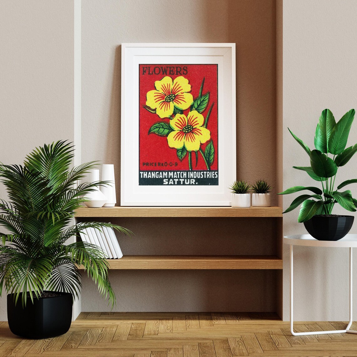 Yellow Flowers Matchbox Print, Vintage India Poster - Image 2