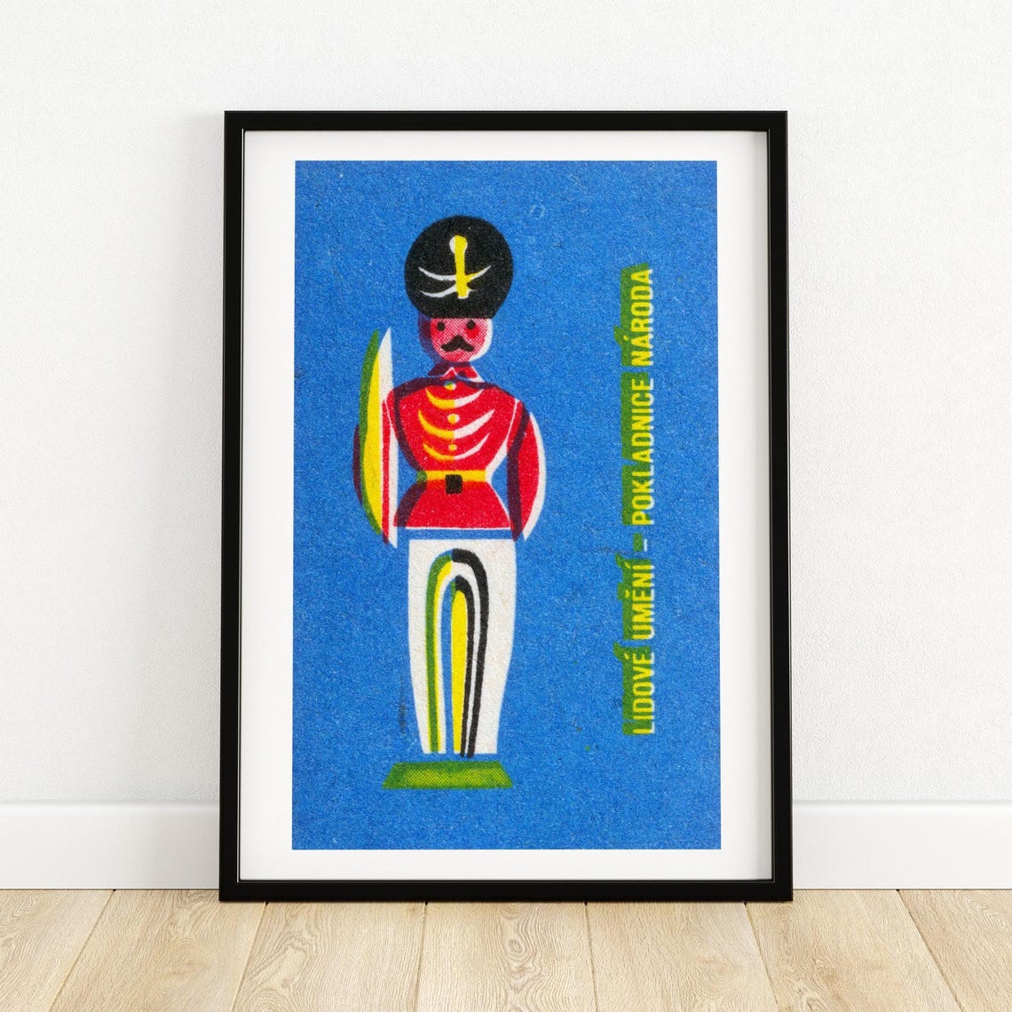 Czech Folk Toy Soldier Red Uniform Blue Vintage Label Art Poster