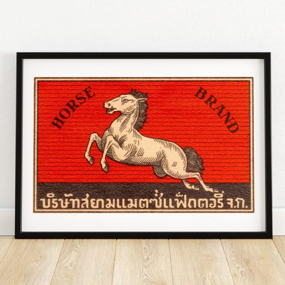 Galloping Horse Art Print Vintage Graphic Design Bold Red Wall Decor Unique Gift Idea Thai Horse Brand Illustration A4