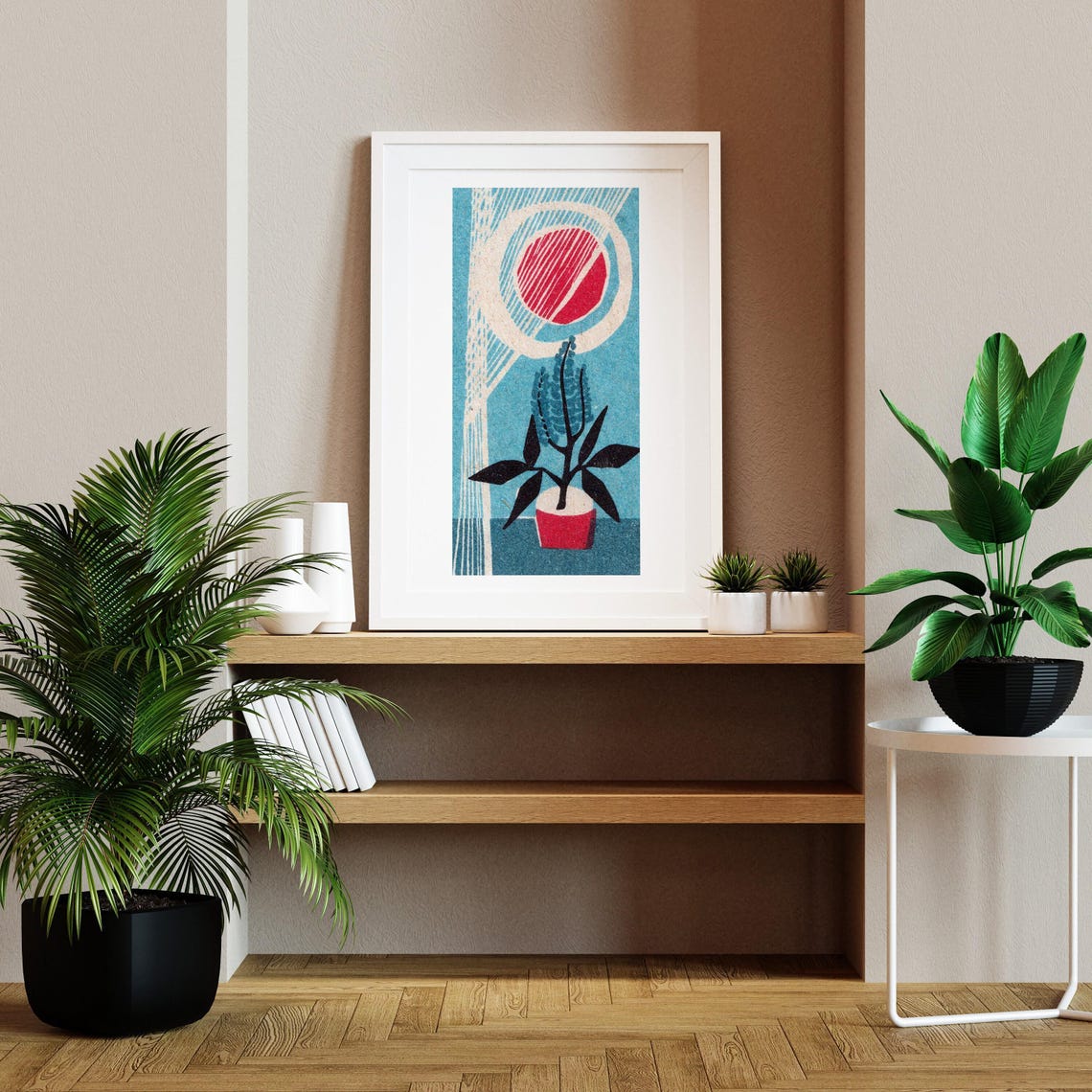 Potted Houseplant Red Pot Big Sun Mid Century Modern Art Poster - Image 2